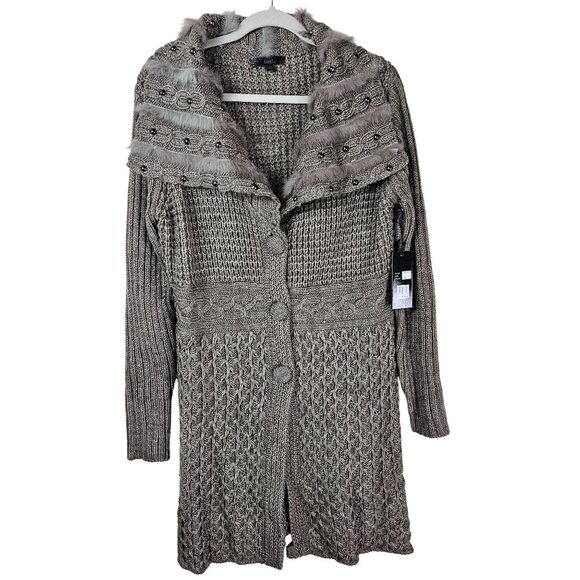 Sloni Cable Knit Long Cardigan Coat L Taupe Shawl Wool Blend Chunky Fisherman - Picture 1 of 13